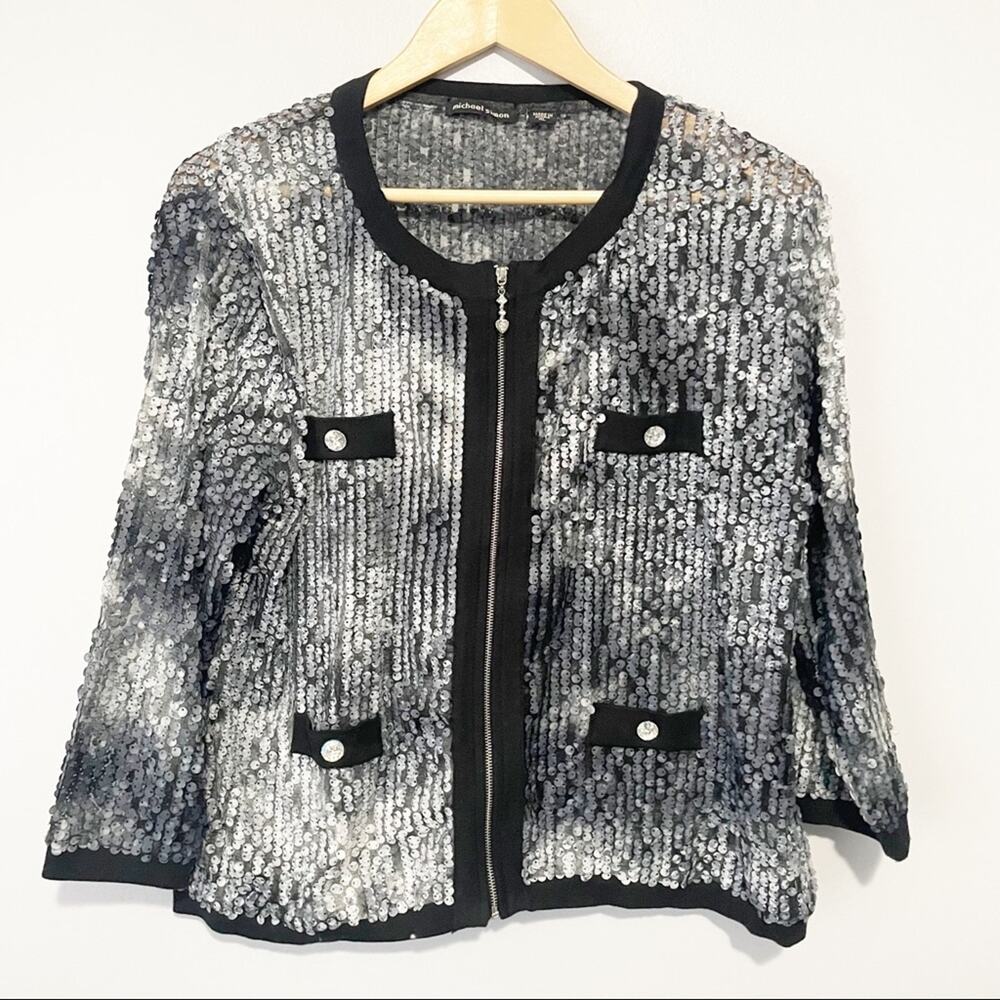 Michael Simon black silver sequin zip jacket crys… - image 9